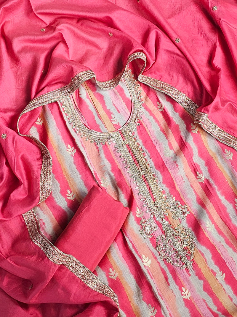Modal Silk Unstitched Salwar Suit - Dark Peach