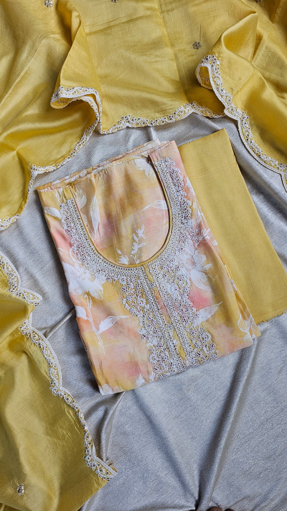 Modal Silk Unstitched Salwar Suit - Yellow