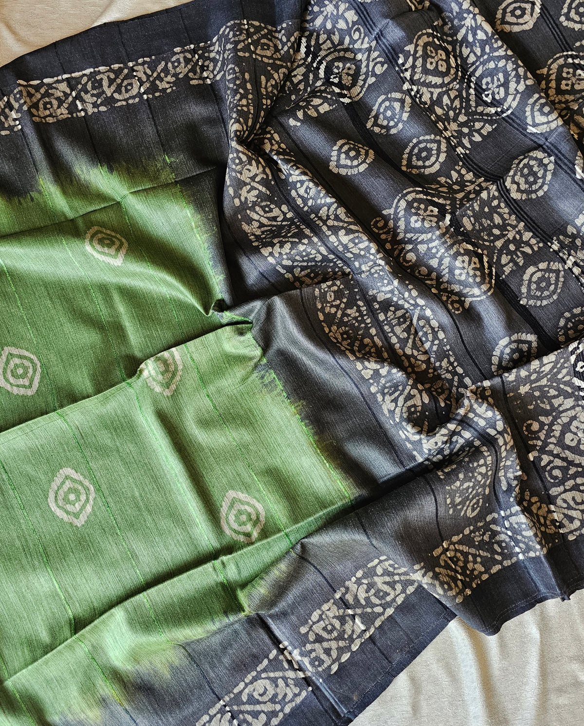 Bhagalpuri with Batik Print - Green with Grey
