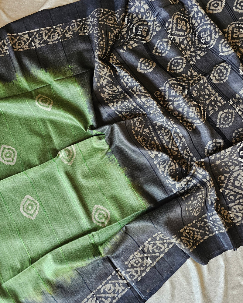Bhagalpuri with Batik Print - Green with Grey