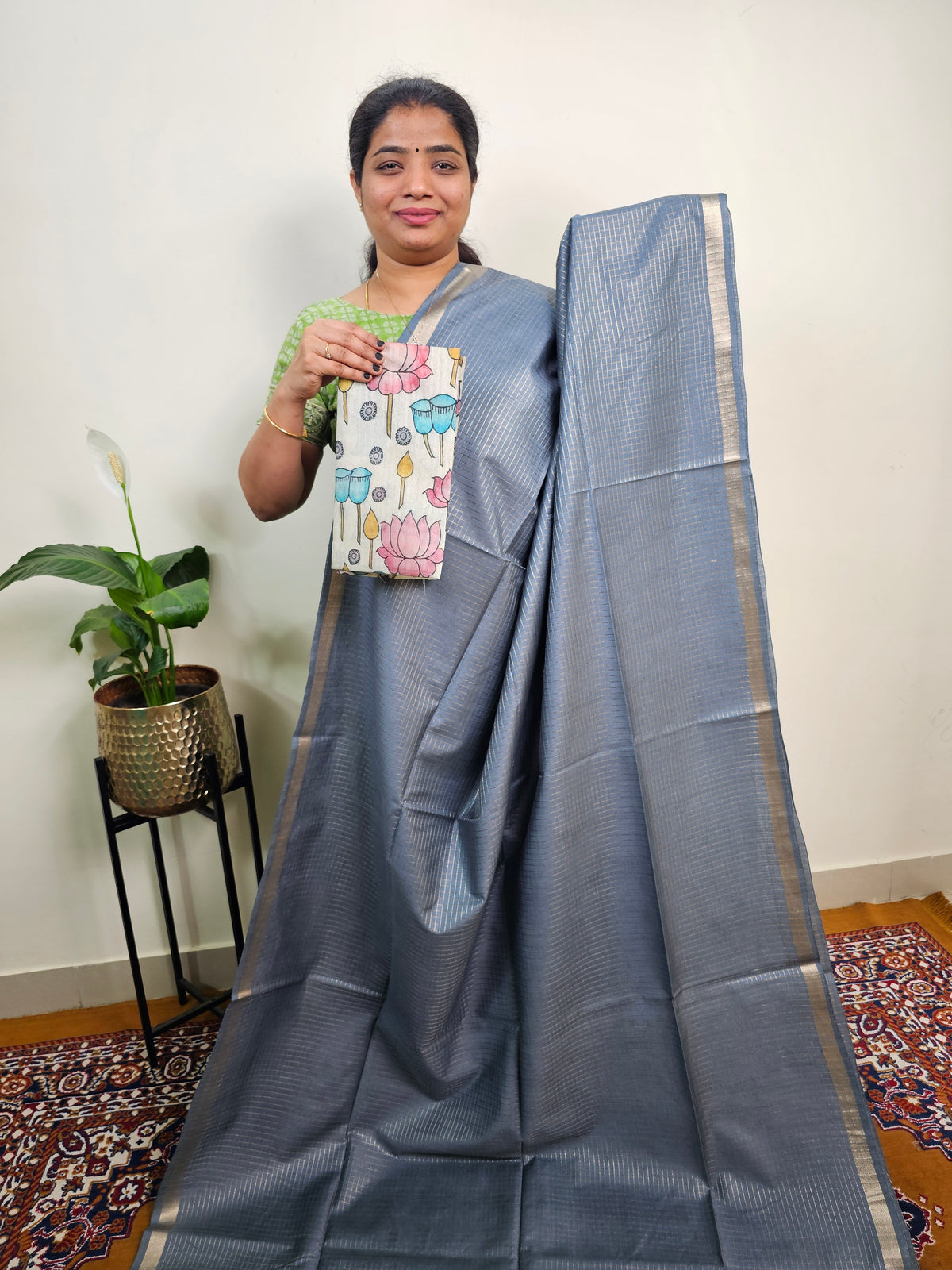 Pastel Bhagalpuri with Matching Blouse - Dark Grey