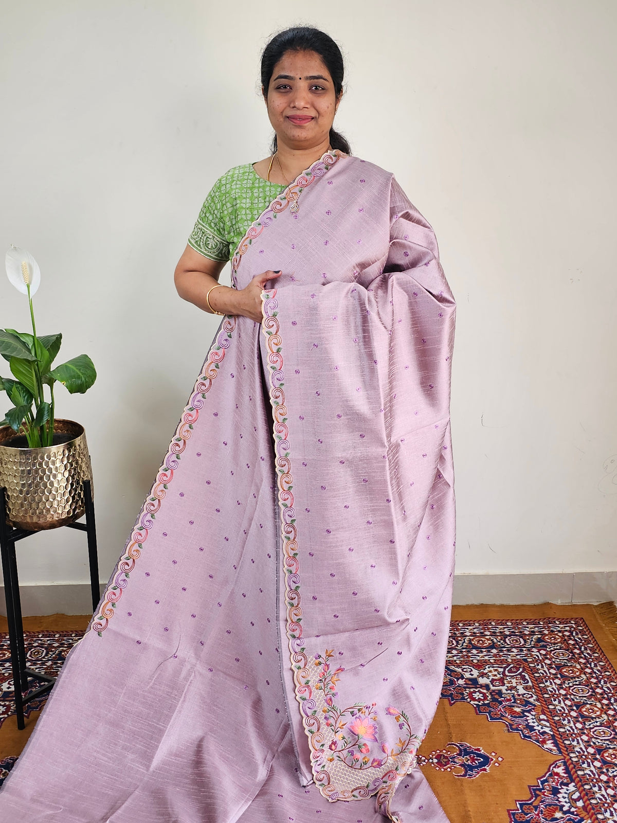 Semi Raw Silk with Emboridery - Onion Pink
