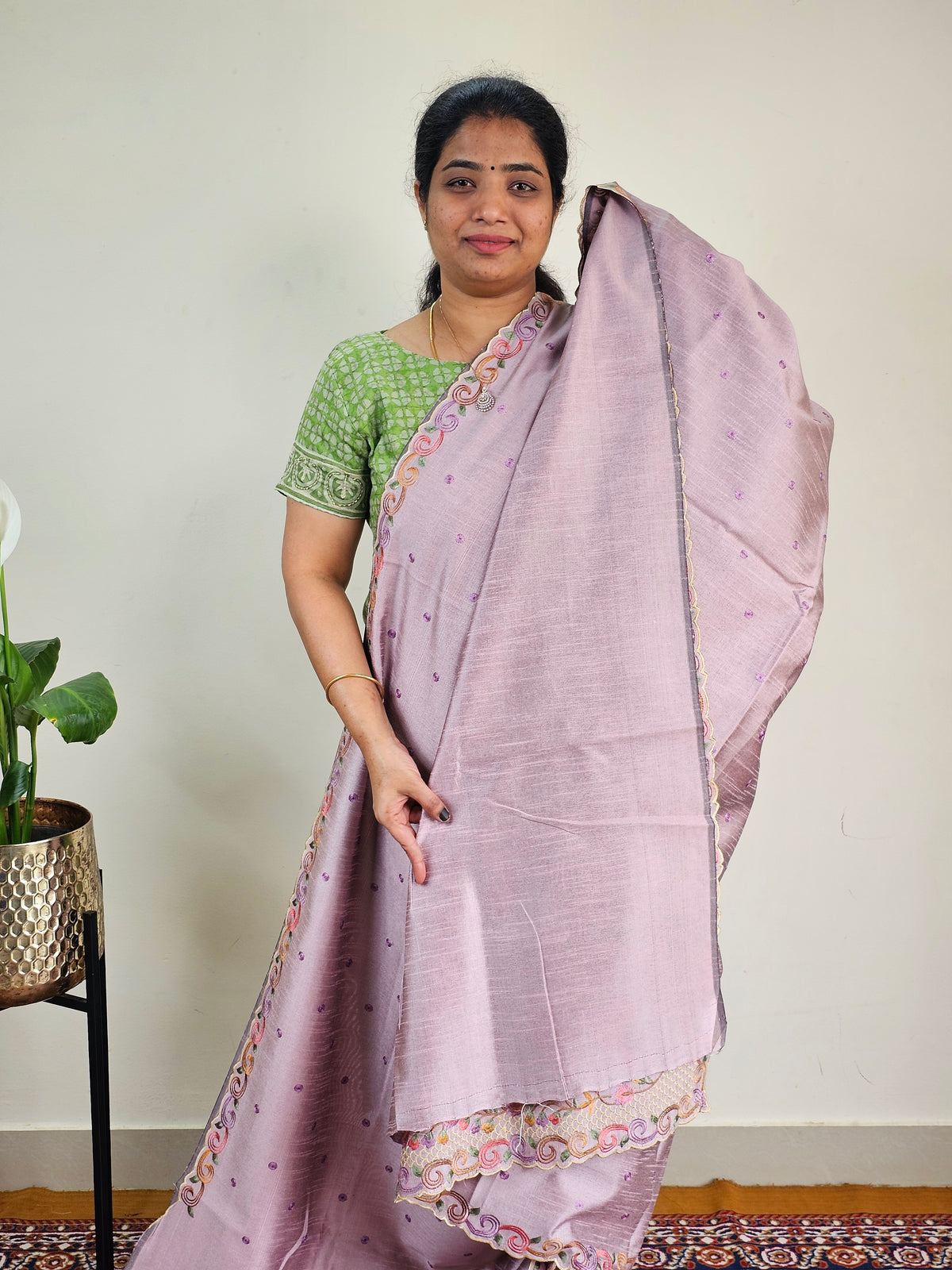 Semi Raw Silk with Emboridery - Onion Pink