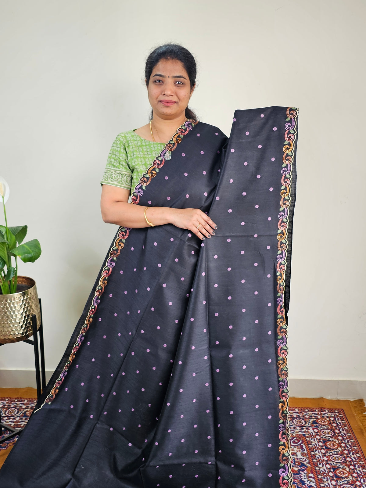 Semi Raw Silk with Emboridery - Black