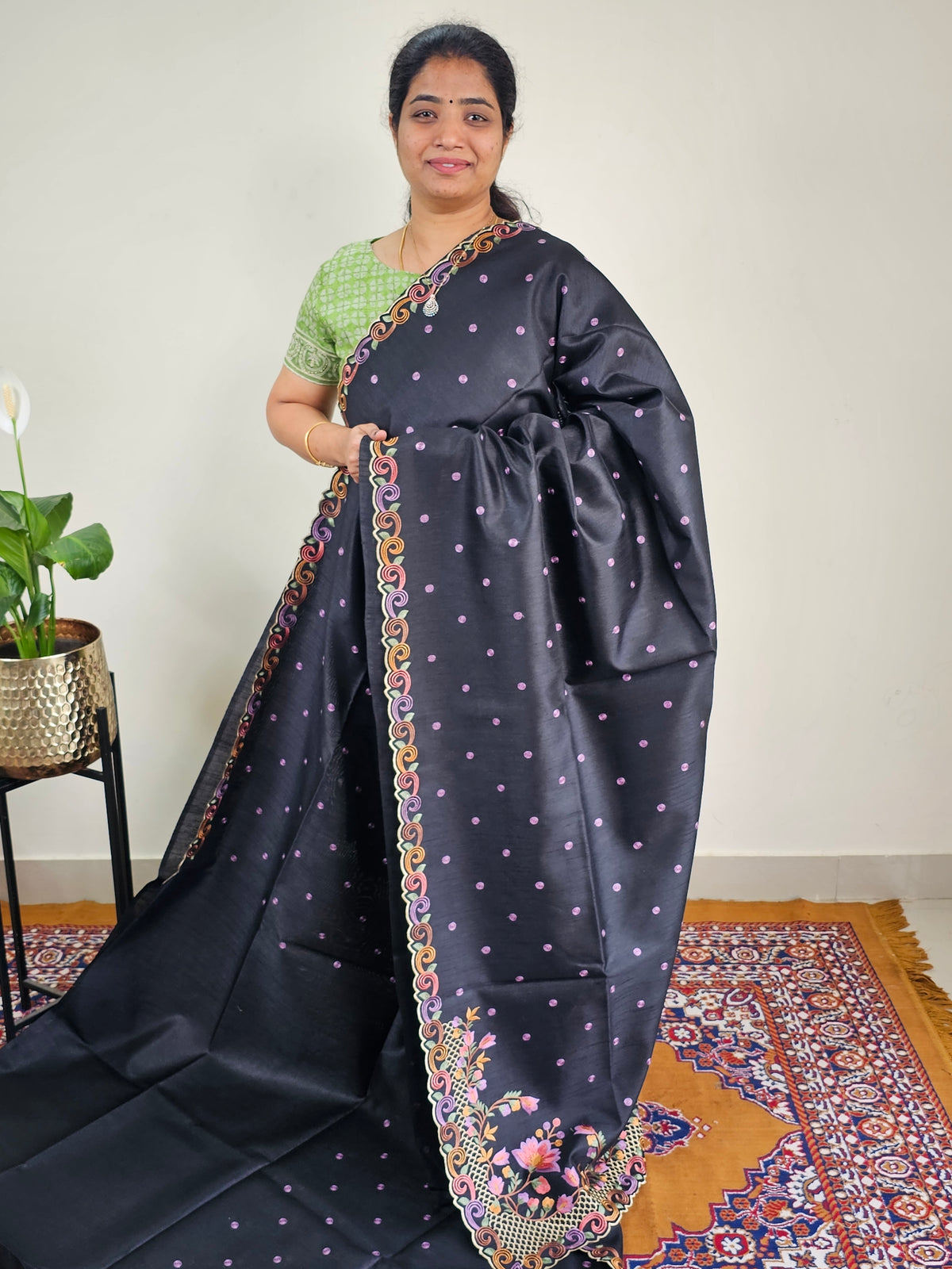 Semi Raw Silk with Emboridery - Black