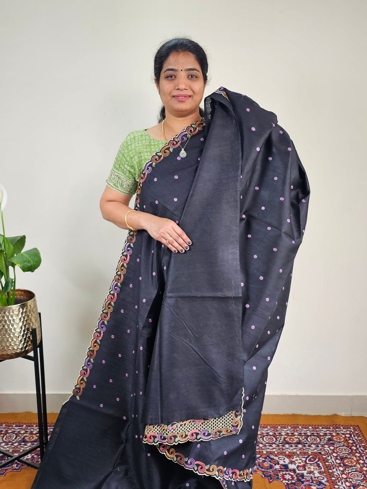 Semi Raw Silk with Emboridery - Black