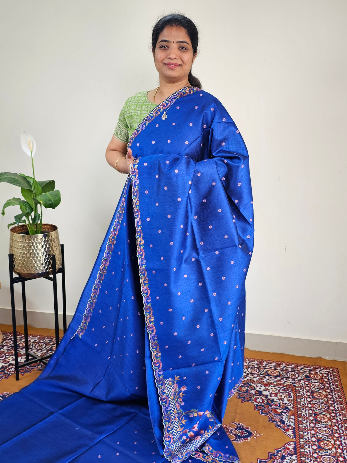 Semi Raw Silk with Emboridery - Royal Blue