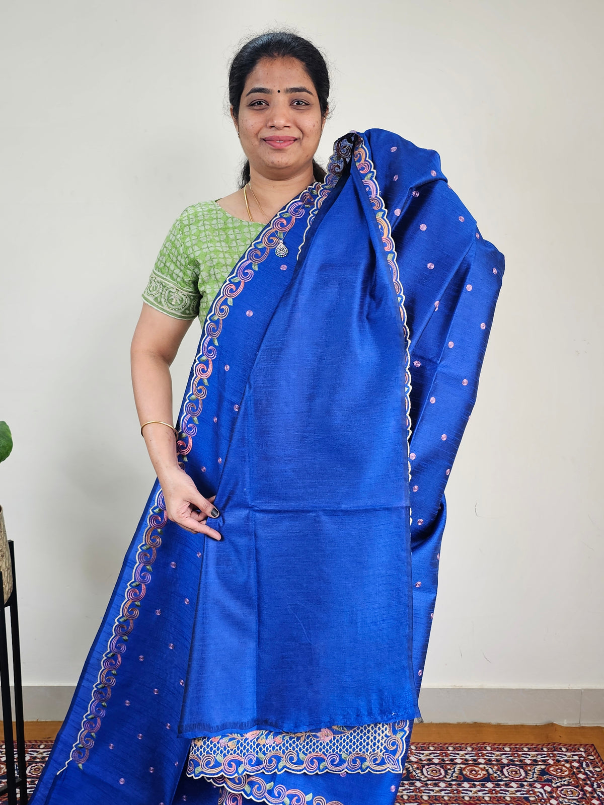 Semi Raw Silk with Emboridery - Royal Blue