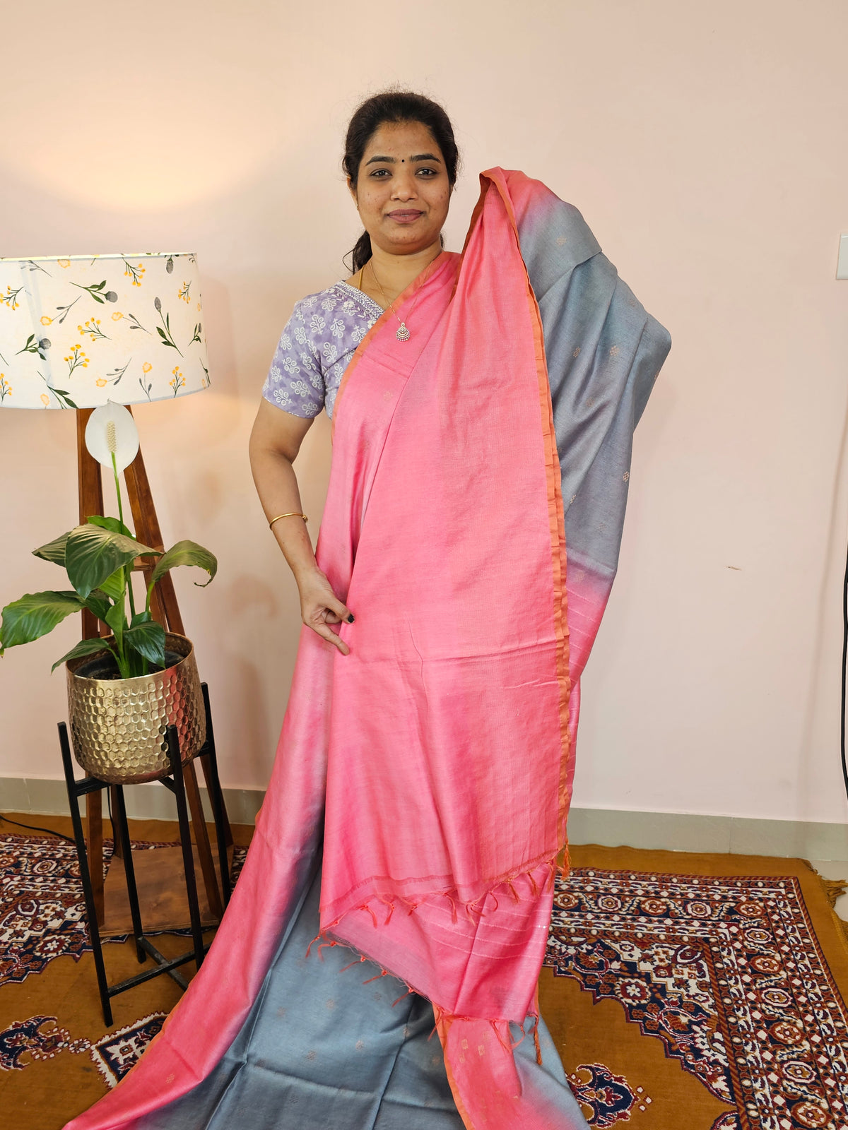 Bhagalpuri Viscous with Zari Weaving Saree - Grey with Pink