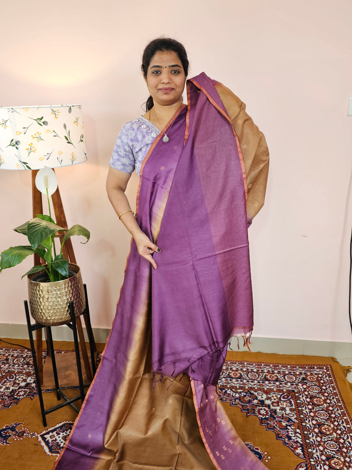 Bhagalpuri Viscous with Zari Weaving Saree - Beige with Purple