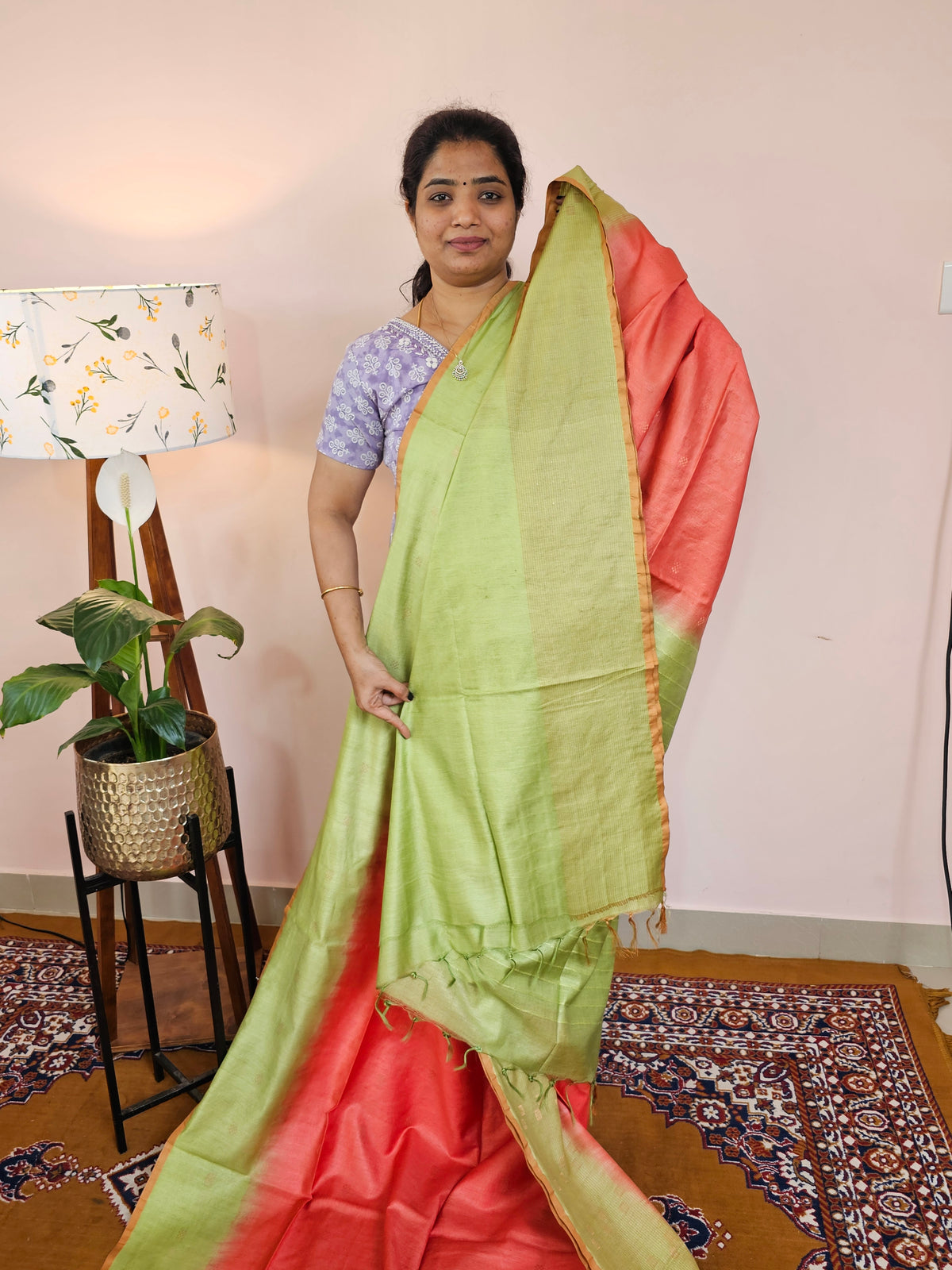 Bhagalpuri Viscous with Zari Weaving Saree - Peach with Green