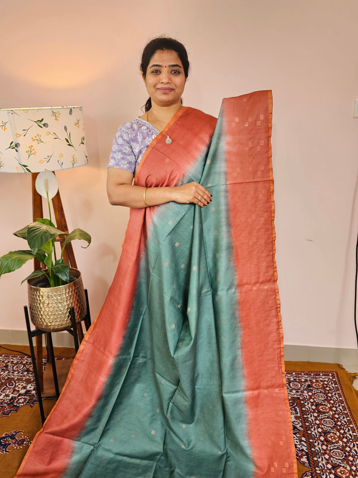 Bhagalpuri Viscous with Zari Weaving Saree - Sea Green with Rust Orange