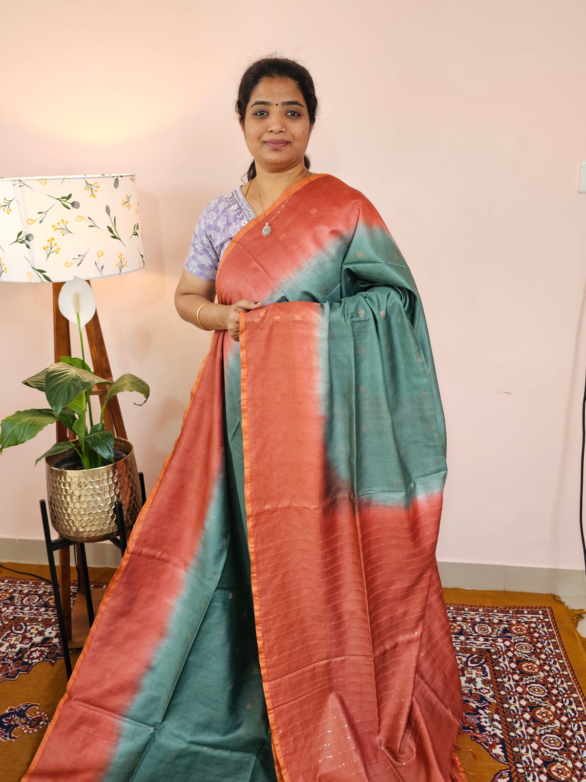 Bhagalpuri Viscous with Zari Weaving Saree - Sea Green with Rust Orange