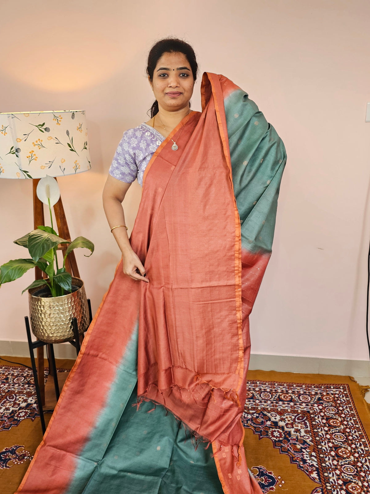 Bhagalpuri Viscous with Zari Weaving Saree - Sea Green with Rust Orange