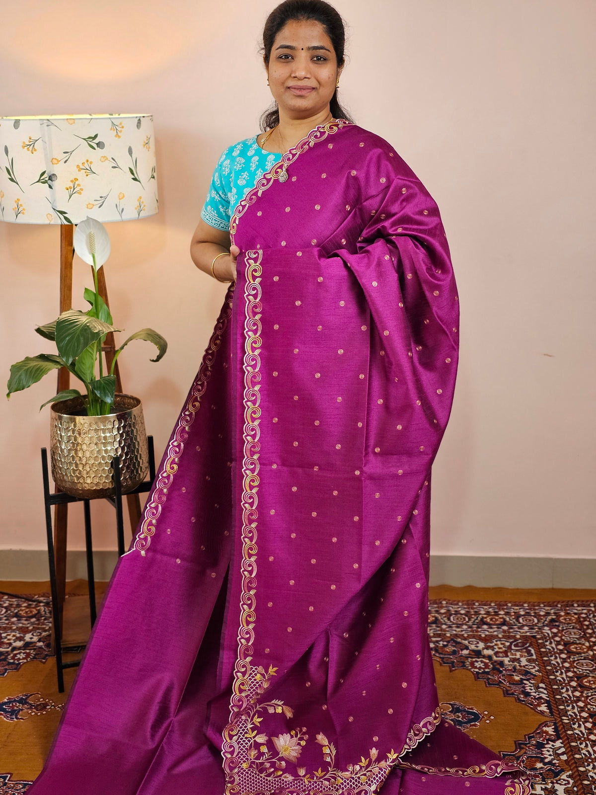 Semi Raw Silk with Emboridery - Magenta Pink