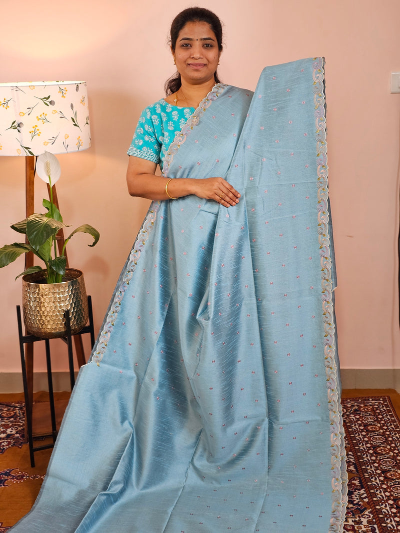 Semi Raw Silk with Emboridery -Pastel Blue