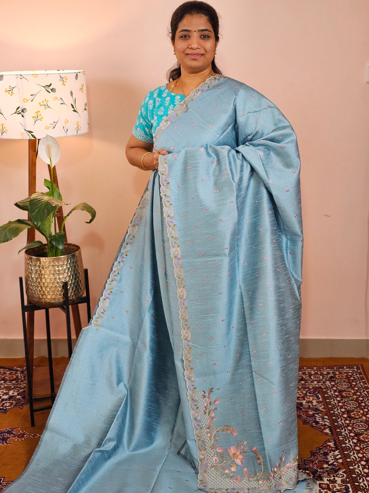 Semi Raw Silk with Emboridery -Pastel Blue