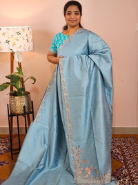 Semi Raw Silk with Emboridery -Pastel Blue