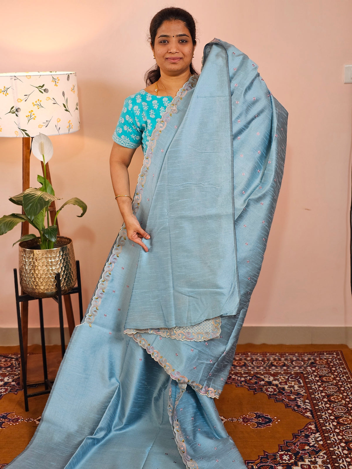 Semi Raw Silk with Emboridery -Pastel Blue