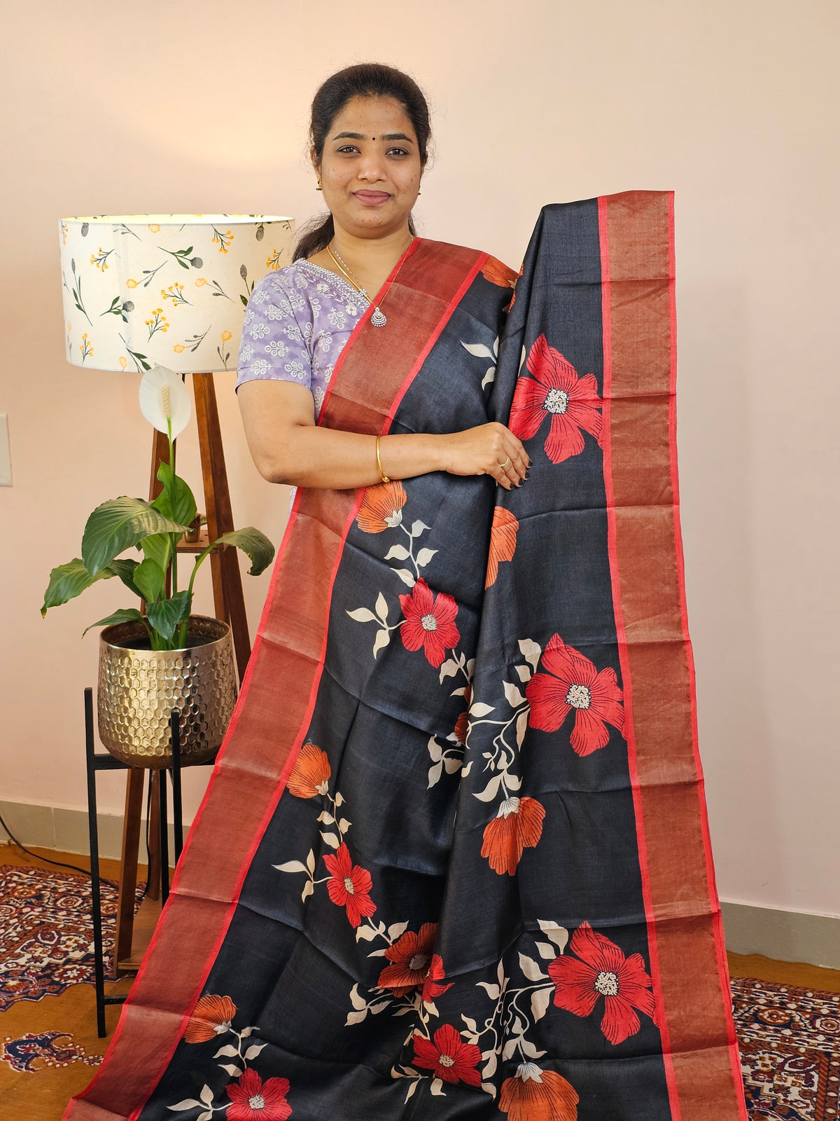 Pure Desi Tussar Silk  - Black with Red