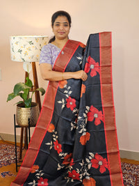 Pure Desi Tussar Silk  - Black with Red