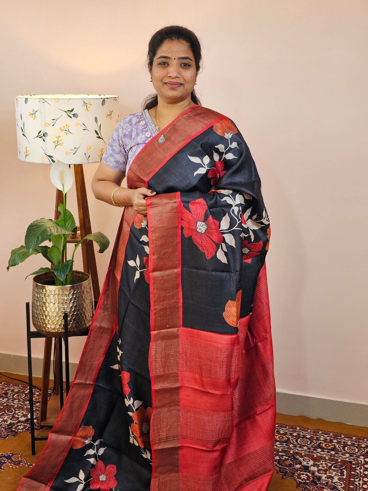 Pure Desi Tussar Silk  - Black with Red