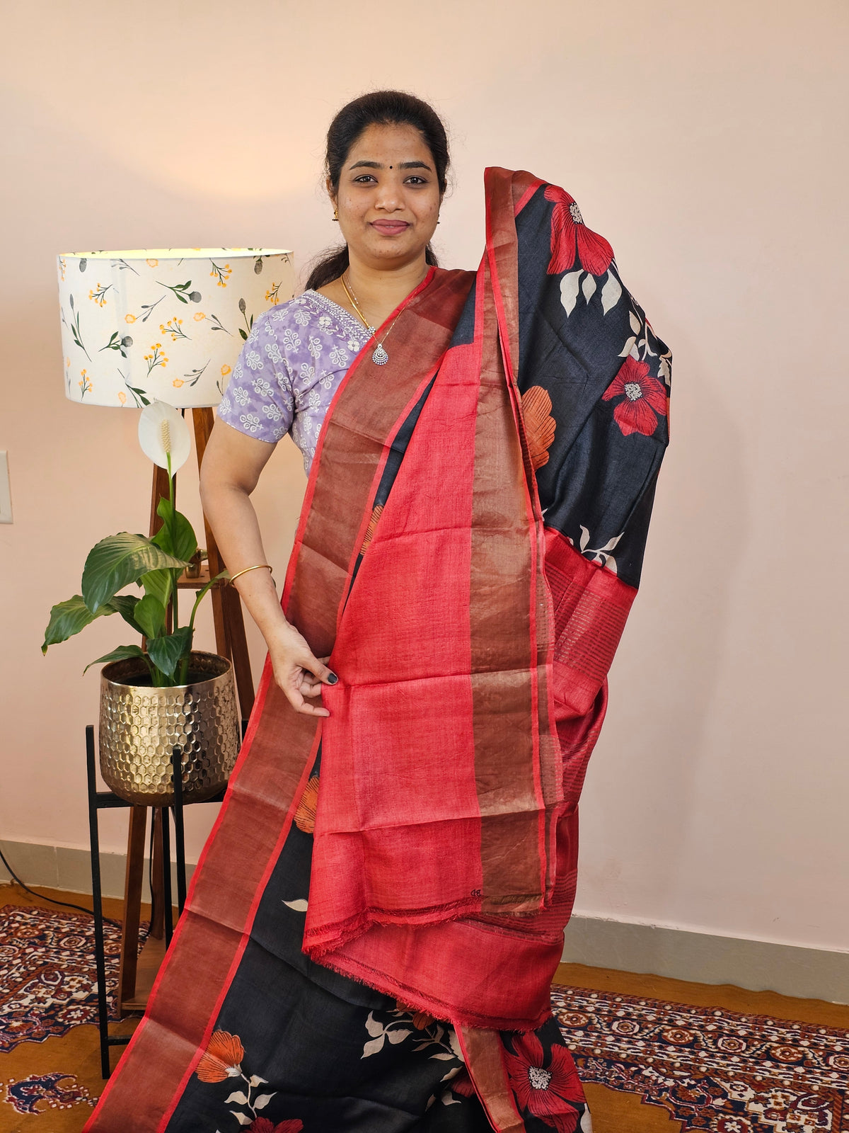Pure Desi Tussar Silk  - Black with Red