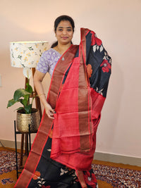 Pure Desi Tussar Silk  - Black with Red