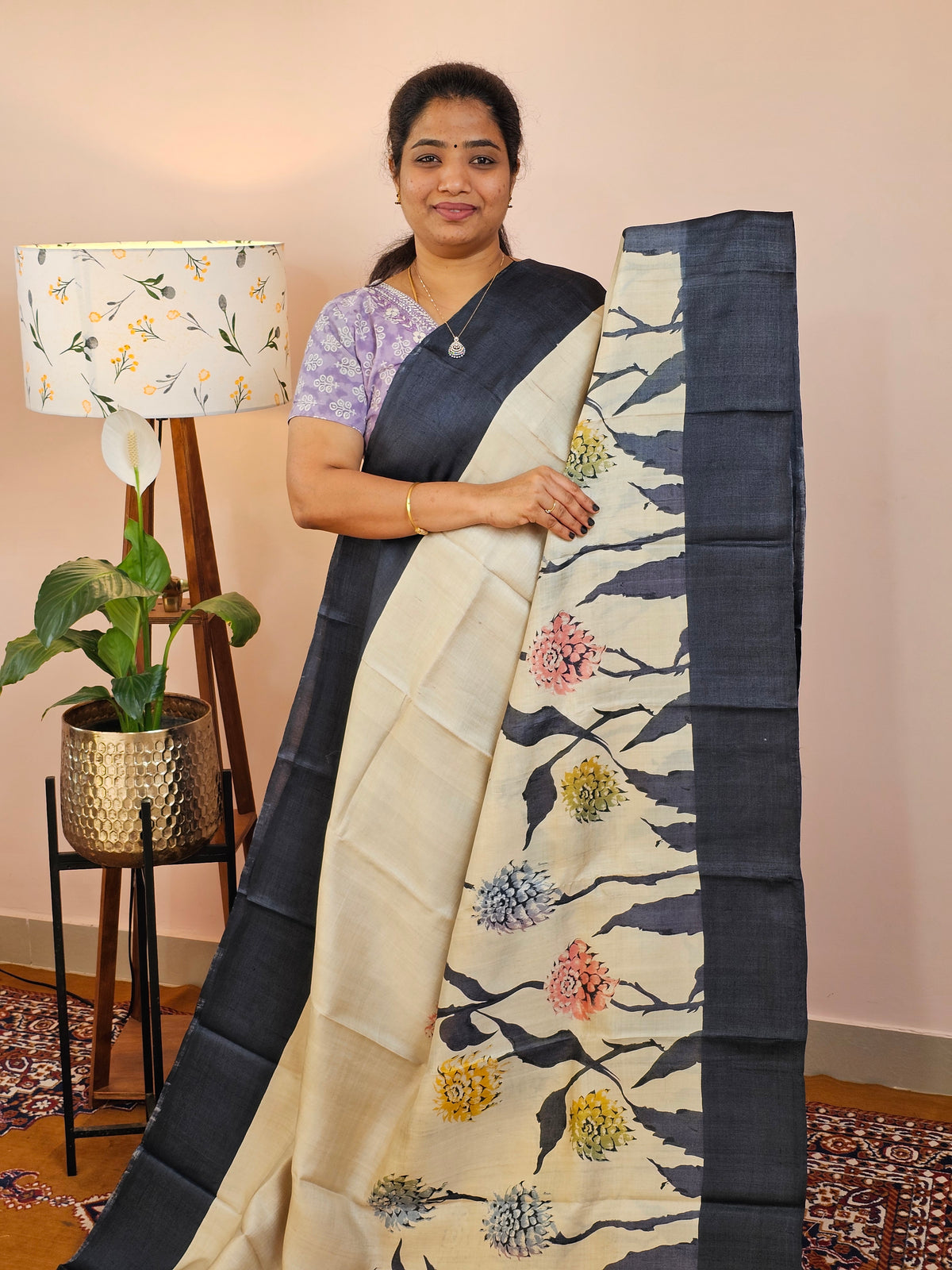 Pure Desi Tussar Silk  - Offwhite with Black
