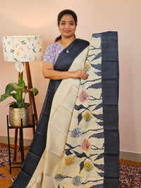 Pure Desi Tussar Silk  - Offwhite with Black