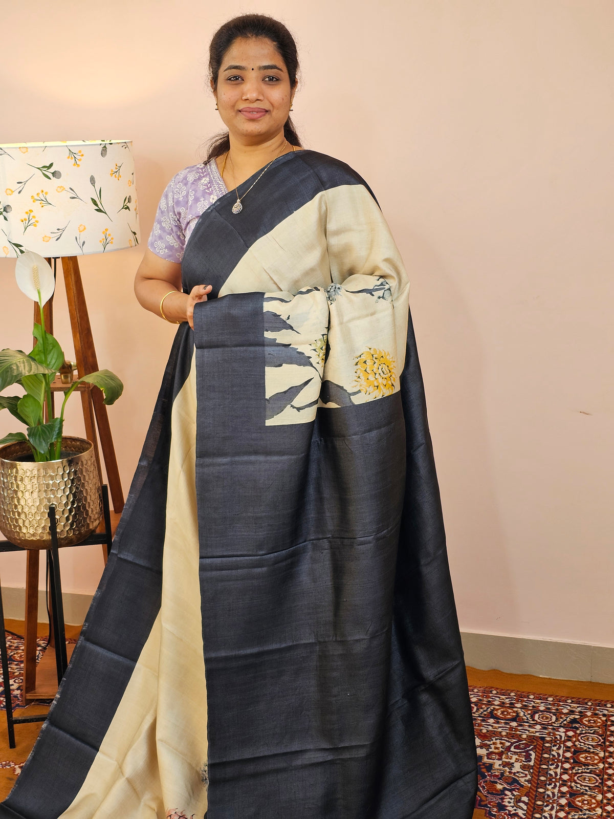 Pure Desi Tussar Silk  - Offwhite with Black