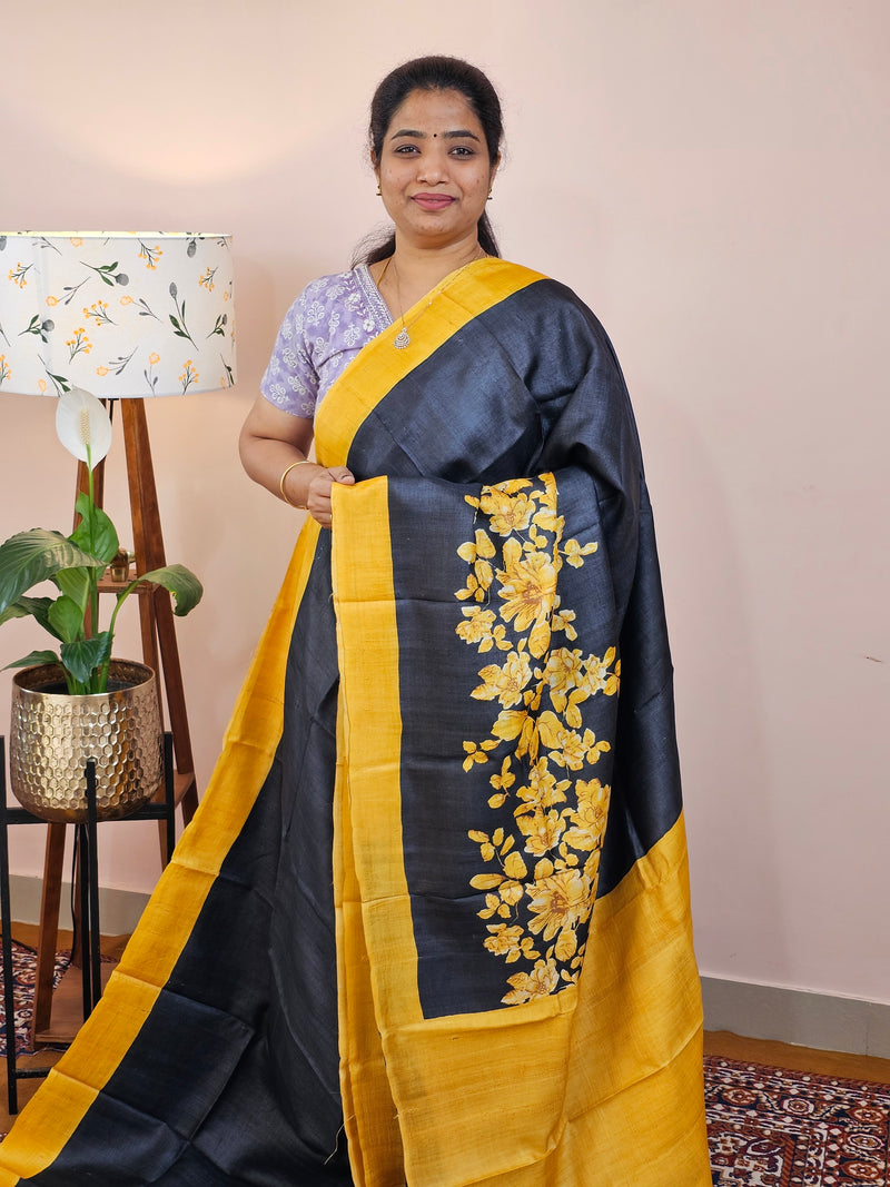 Pure Desi Tussar Silk  - Black with Yellow