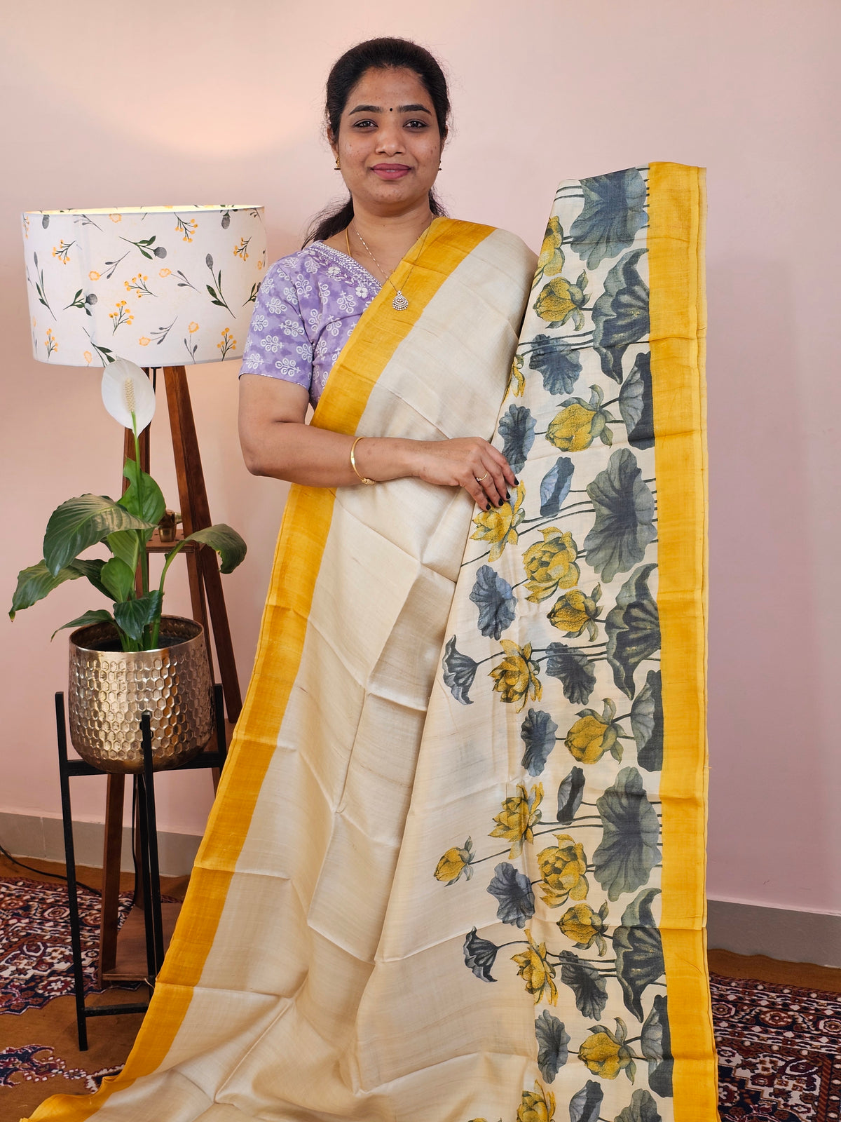 Pure Desi Tussar Silk  - Cream with Yellow