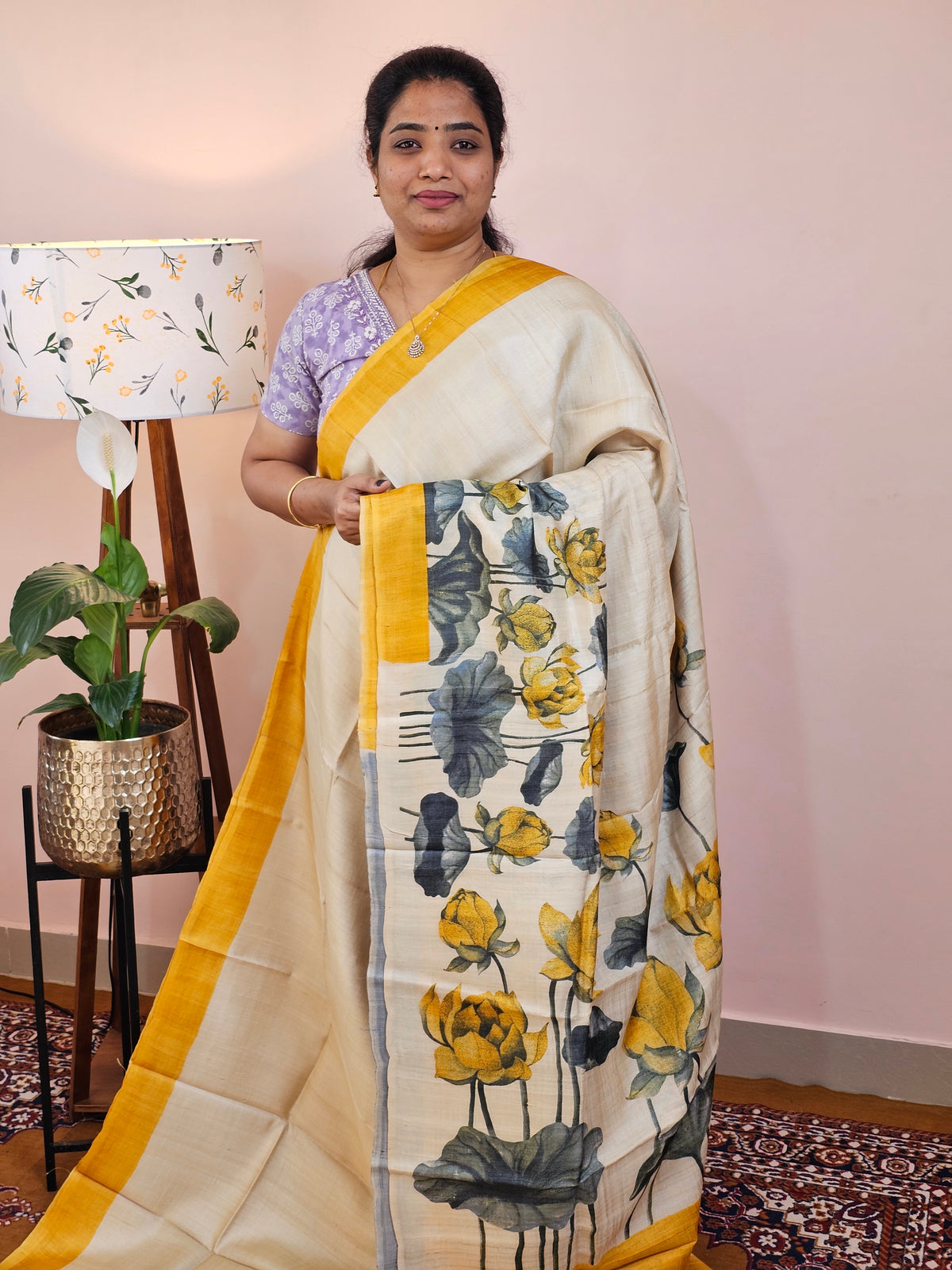 Pure Desi Tussar Silk  - Cream with Yellow