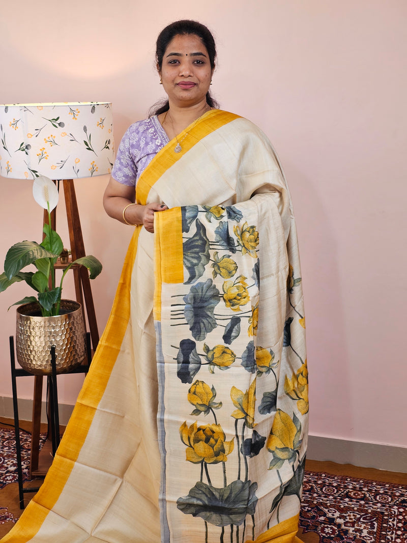 Pure Desi Tussar Silk  - Cream with Yellow