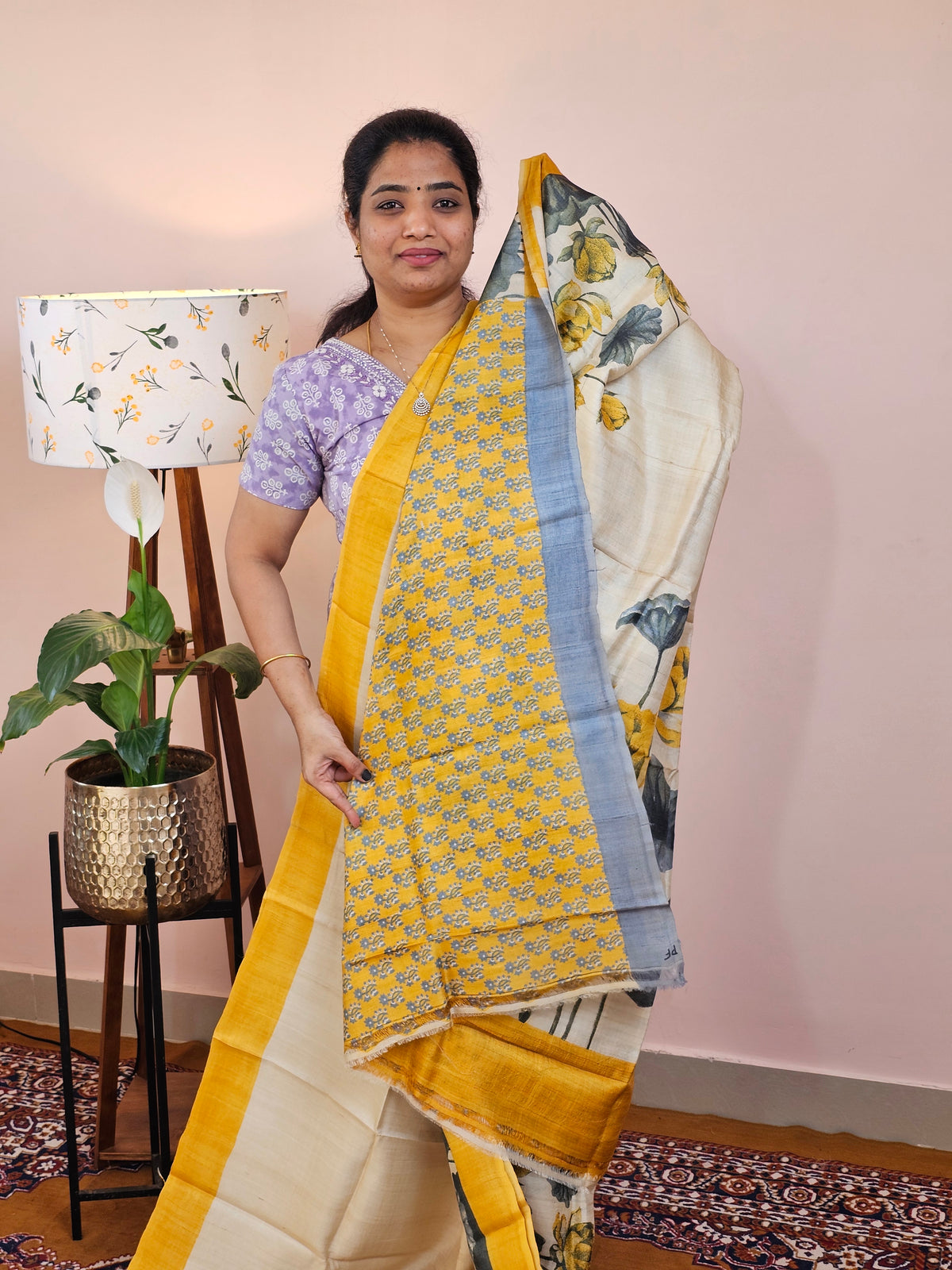 Pure Desi Tussar Silk  - Cream with Yellow
