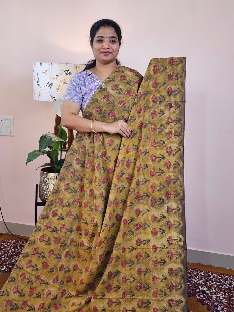 Mul Mul Cotton with Ajark Printed Saree - Mehndi Green with Brown