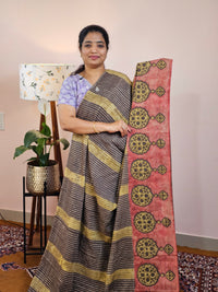 Mul Mul Cotton with Ajark Printed Saree - Mehndi Green with Brown