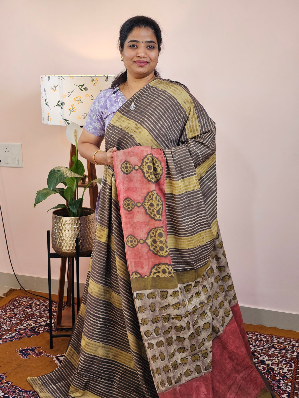 Mul Mul Cotton with Ajark Printed Saree - Mehndi Green with Brown