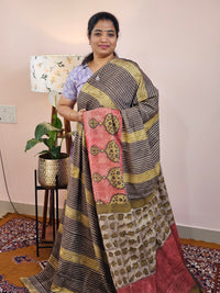 Mul Mul Cotton with Ajark Printed Saree - Mehndi Green with Brown