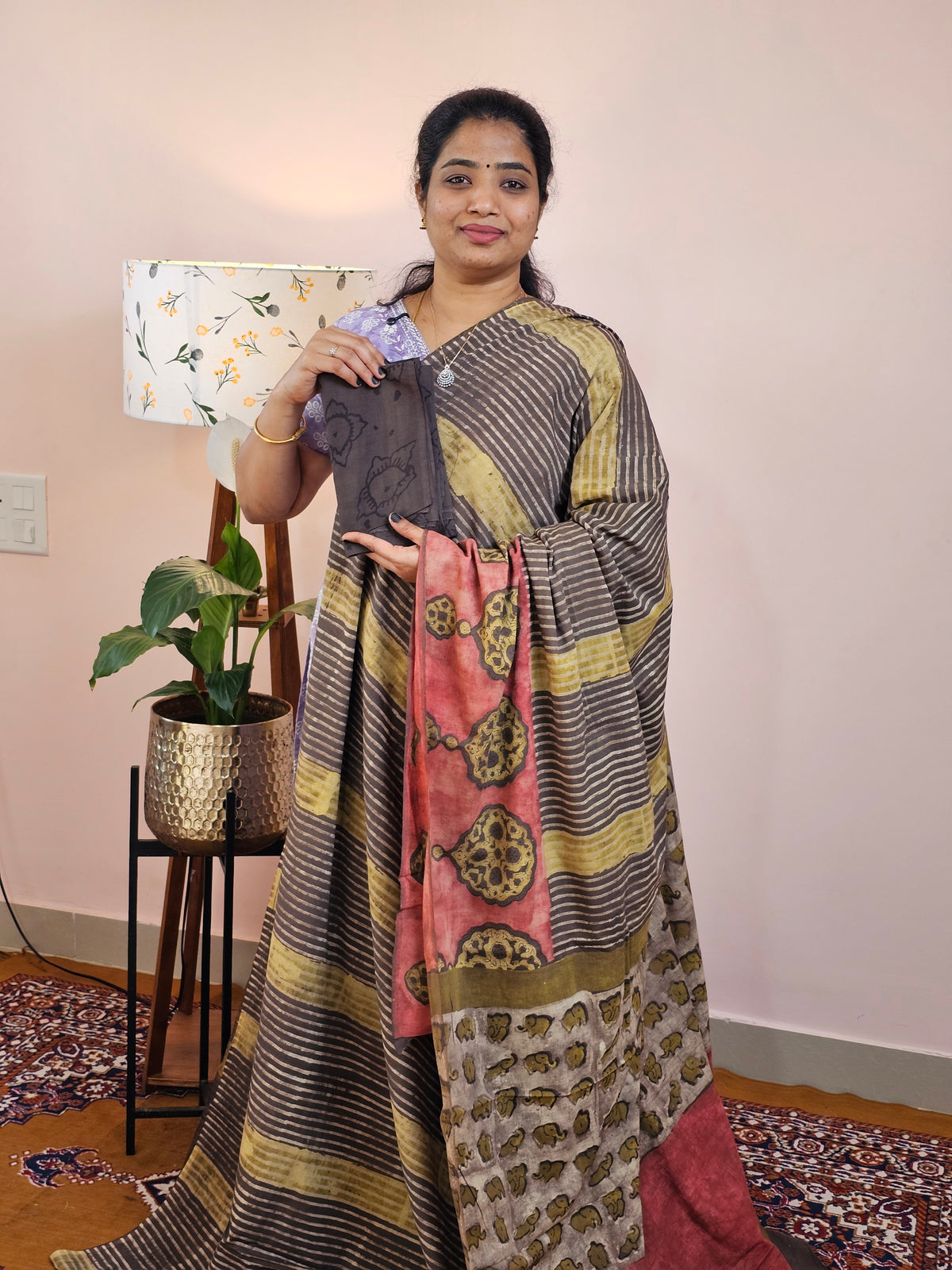 Mul Mul Cotton with Ajark Printed Saree - Mehndi Green with Brown