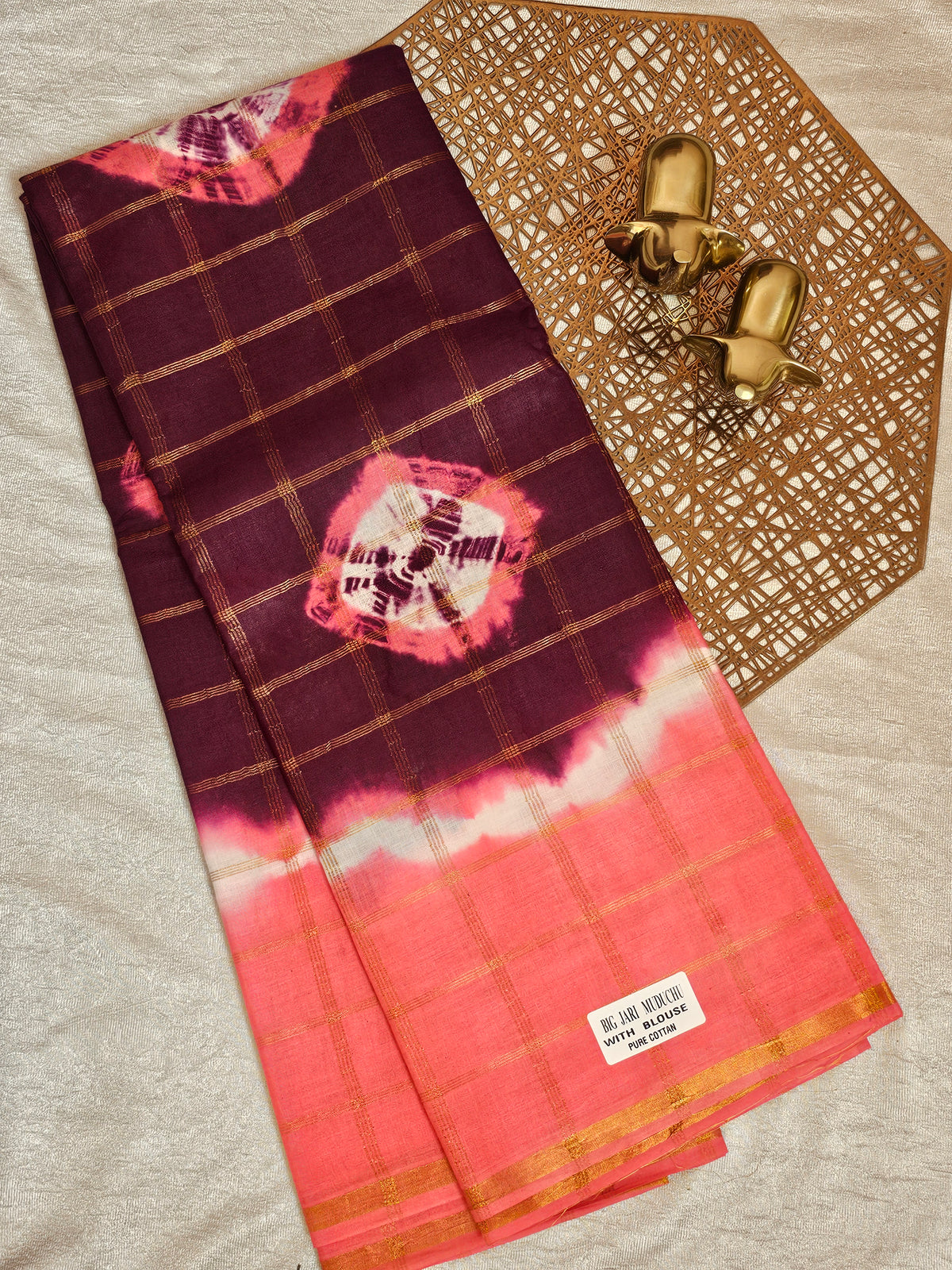 Madurai Sungadi Cotton Checks Saree - Maroon with Light Peach