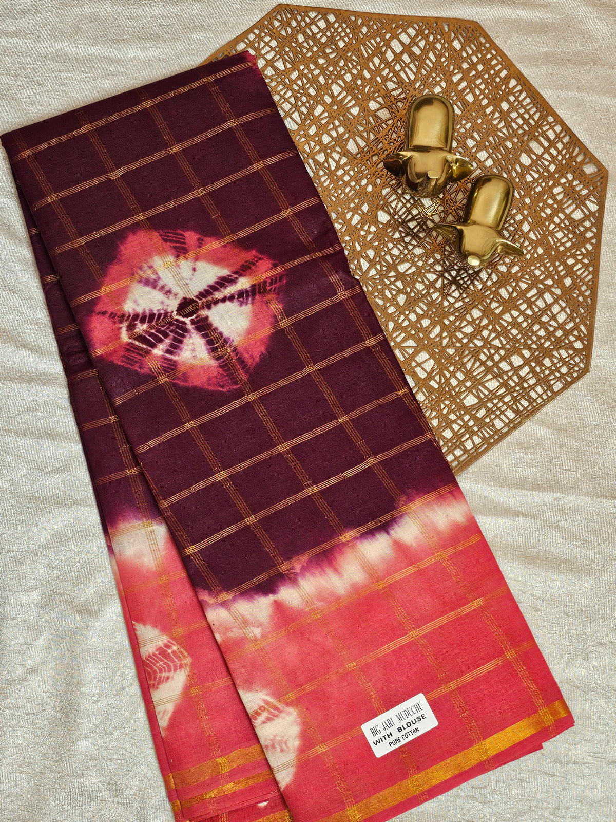 Madurai Sungadi Cotton Checks Saree - Maroon with Dark Peach