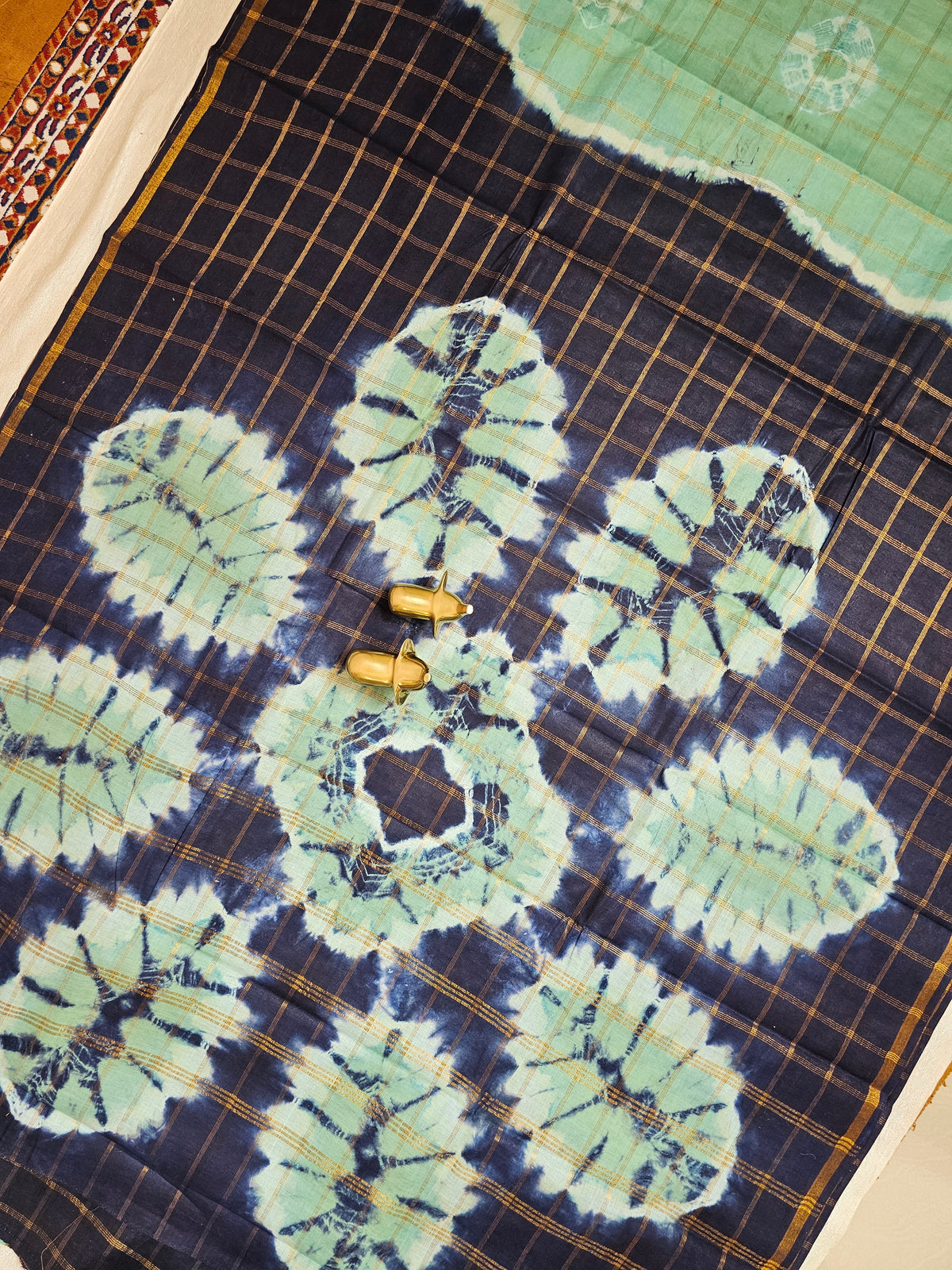 Madurai Sungadi Cotton Checks Saree - Sea Green with Blue