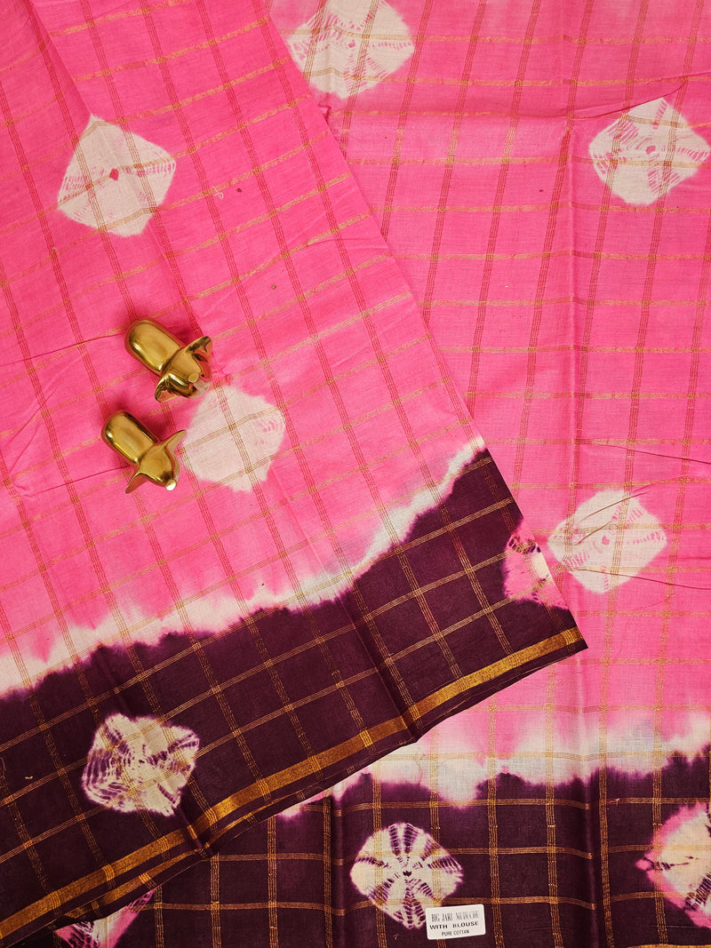 Madurai Sungadi Cotton Checks Saree - Lotus Pink with Maroon