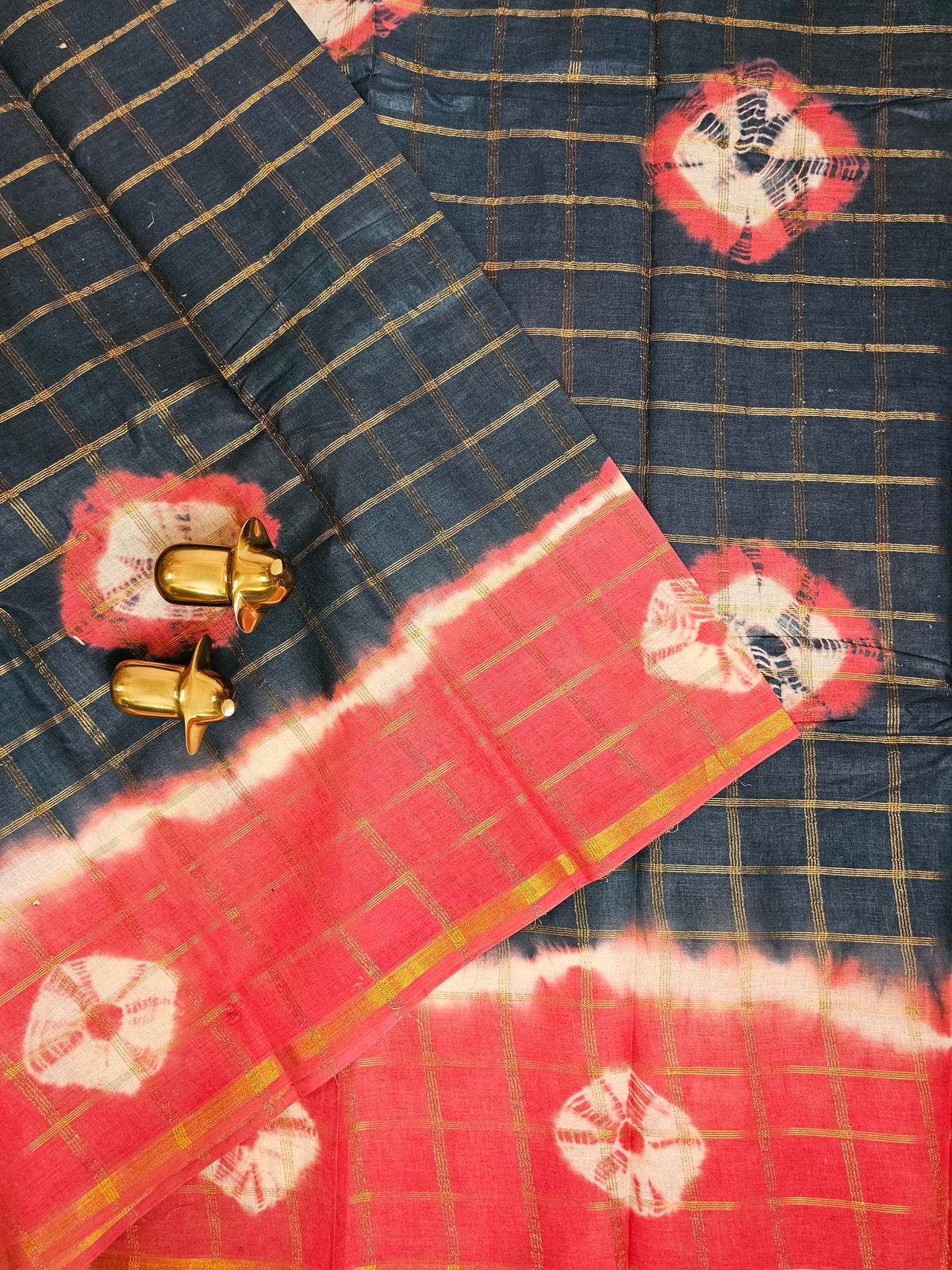 Madurai Sungadi Cotton Checks Saree - Peacock Green with Dark Peach