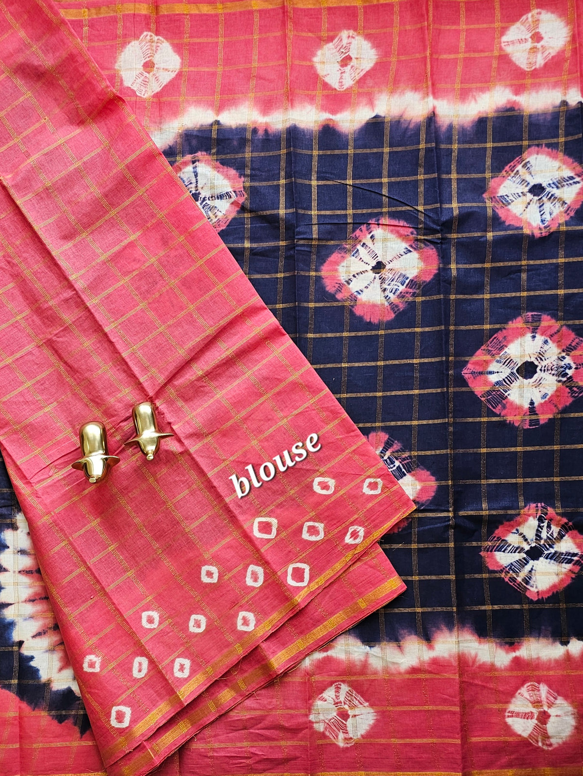 Madurai Sungadi Cotton Checks Saree - Blue with Dark Peach