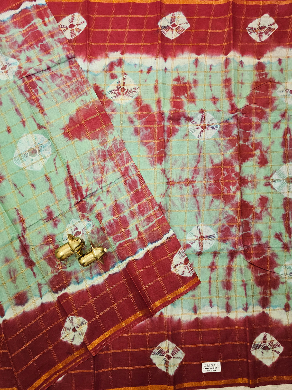 Madurai Sungadi Cotton Checks Saree - Sea Green with Red