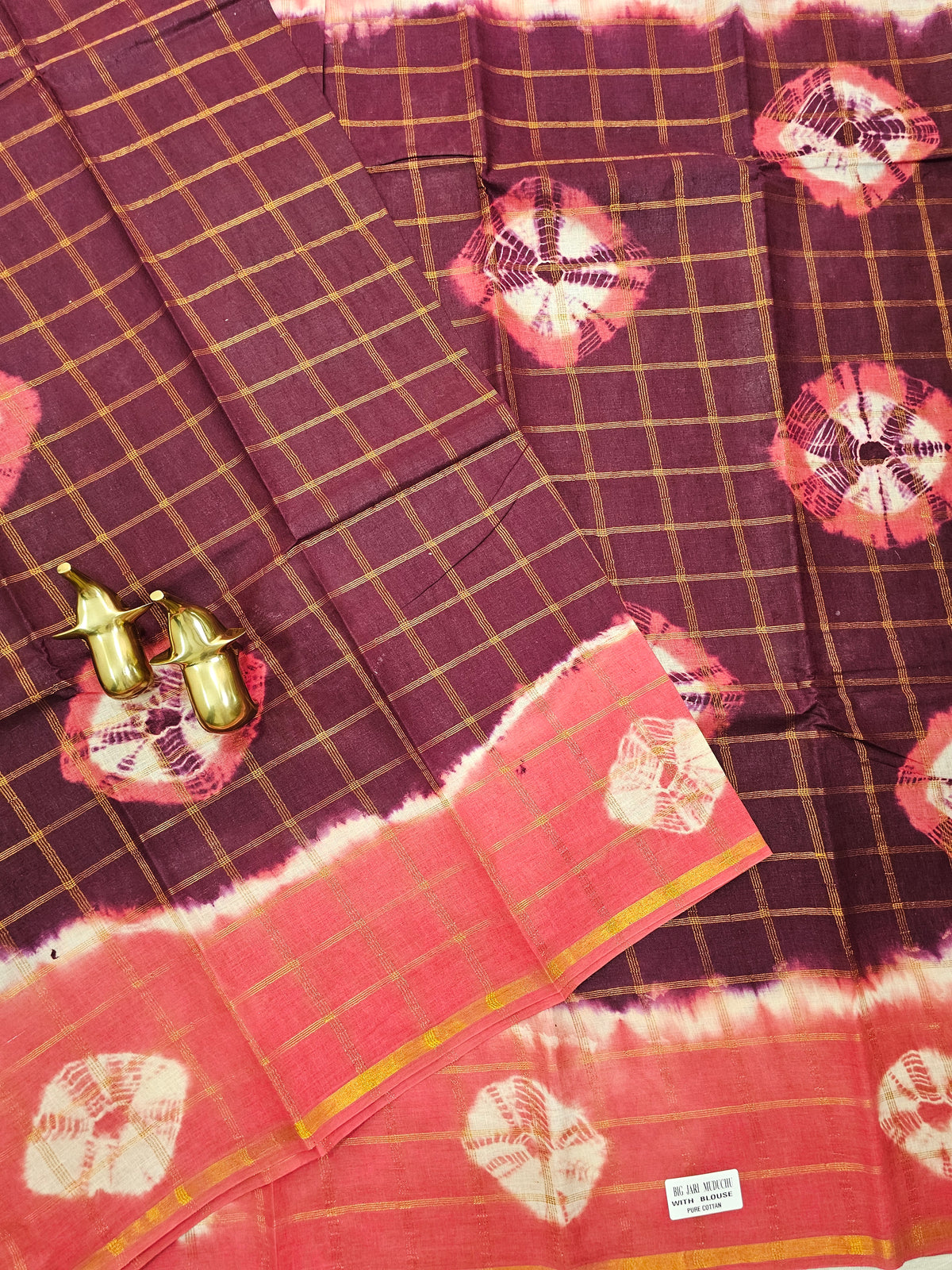 Madurai Sungadi Cotton Checks Saree - Maroon with Dark Peach
