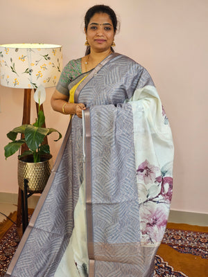 Soft Semi Tussar Zari Weaving  Border - Metalic Grey